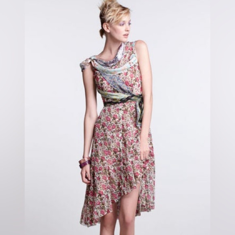 Bequille by Byron Lars Floral Asymmetrical Dress Scarf Neck Cottagecore Romantic